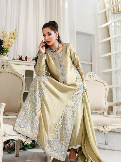 Farooq Hameed Studio Wedding Festive'25 Pure Glass Silk Embroidered Stitched 3-Piece Suit-Ismara