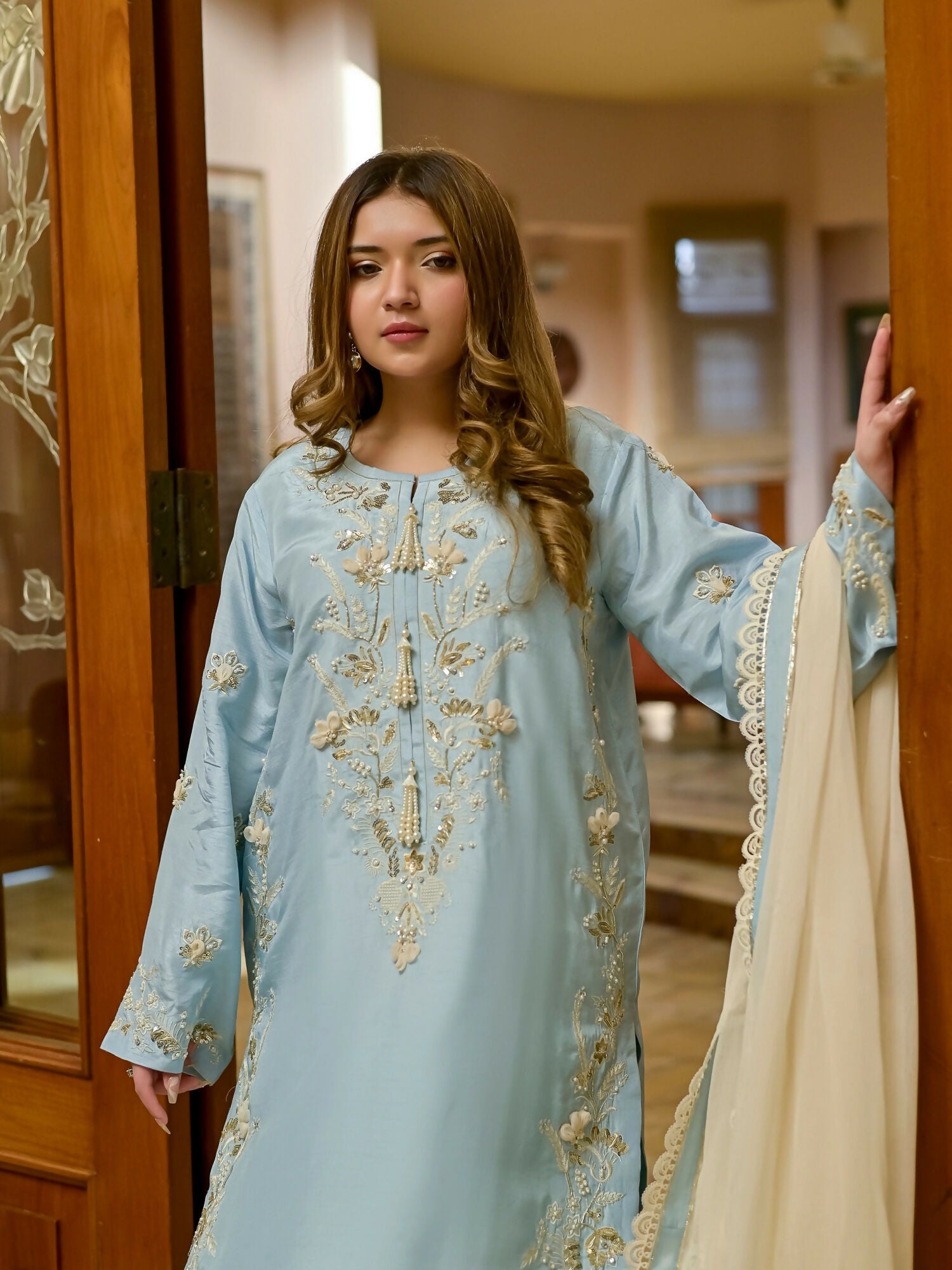 Farooq Hameed Studio Korean Raw Silk Embroidered Stitched 3-Piece Suit-Aqua-Blue