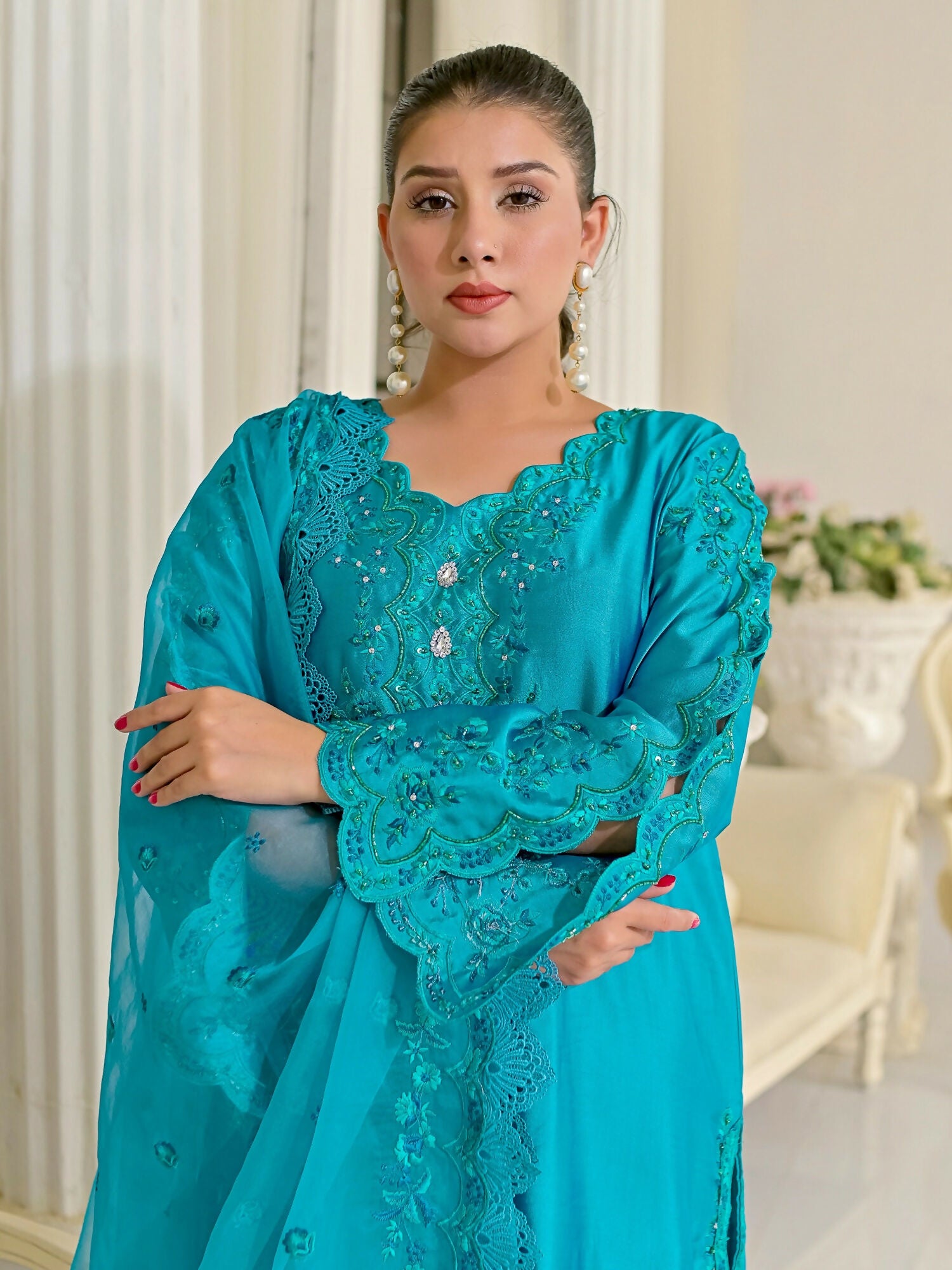 Farooq Hameed Studio Silk Embroidered Stitched 3-Piece Suit-Elli