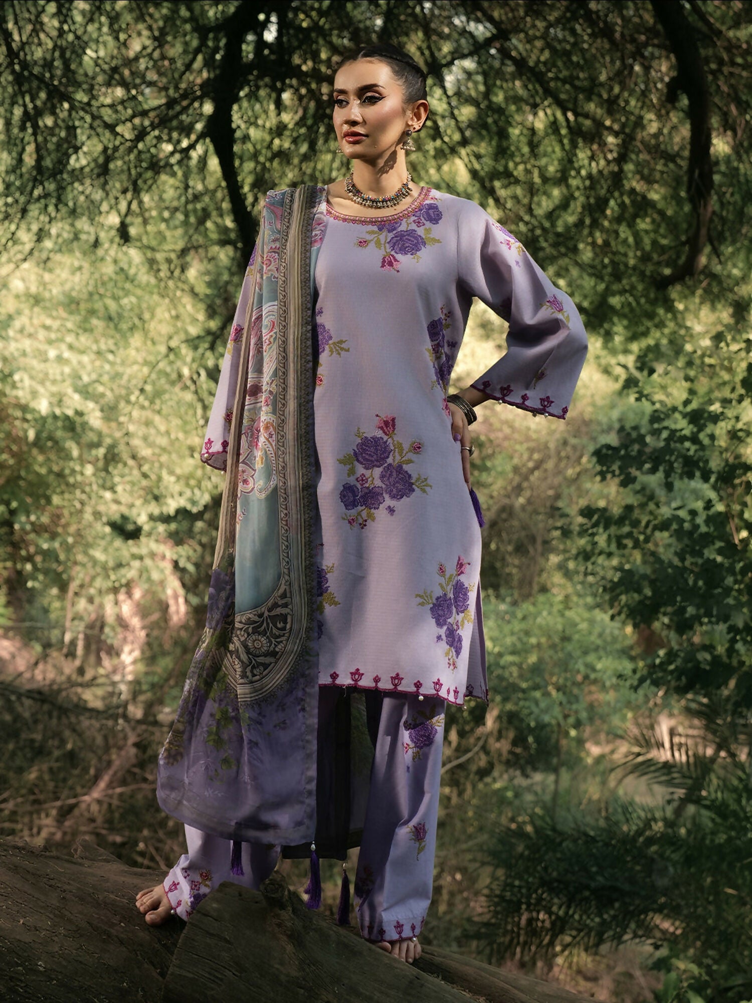 Hemstitch Lawn Embroidered Stitched 3-Piece Suit-Lavender
