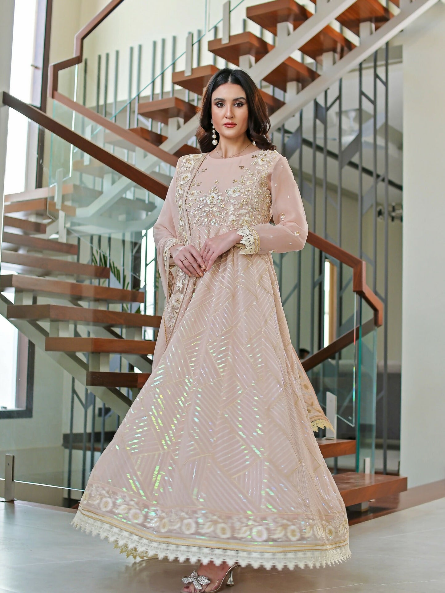 Farooq Hameed Studio Chiffon Embroidered Stitched 3-Piece Suit-Sandal
