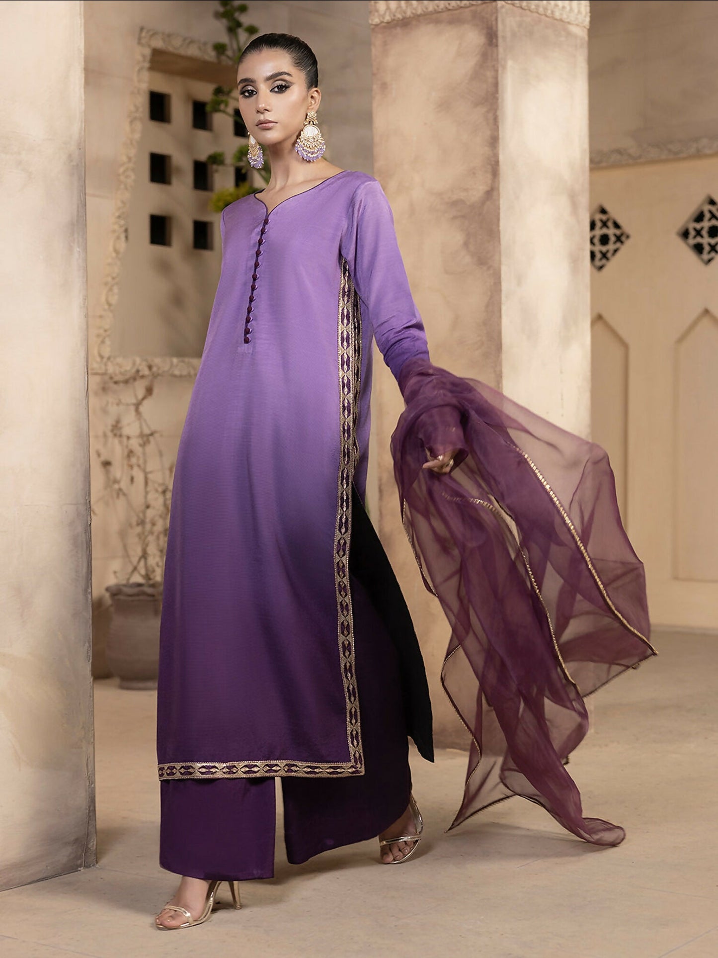 Hemstitch Raw Silk Stitched 3-Piece Suit-Raania