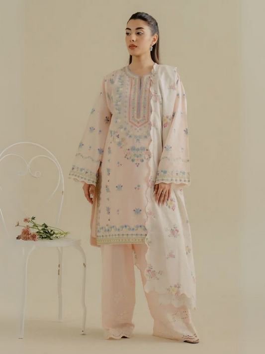 Unstitched 3-piece embroidered suit with peachy pink jacquard shirt, embroidered cambric trouser, and digital printed self-jacquard dupatta for a soft, elegant festive look