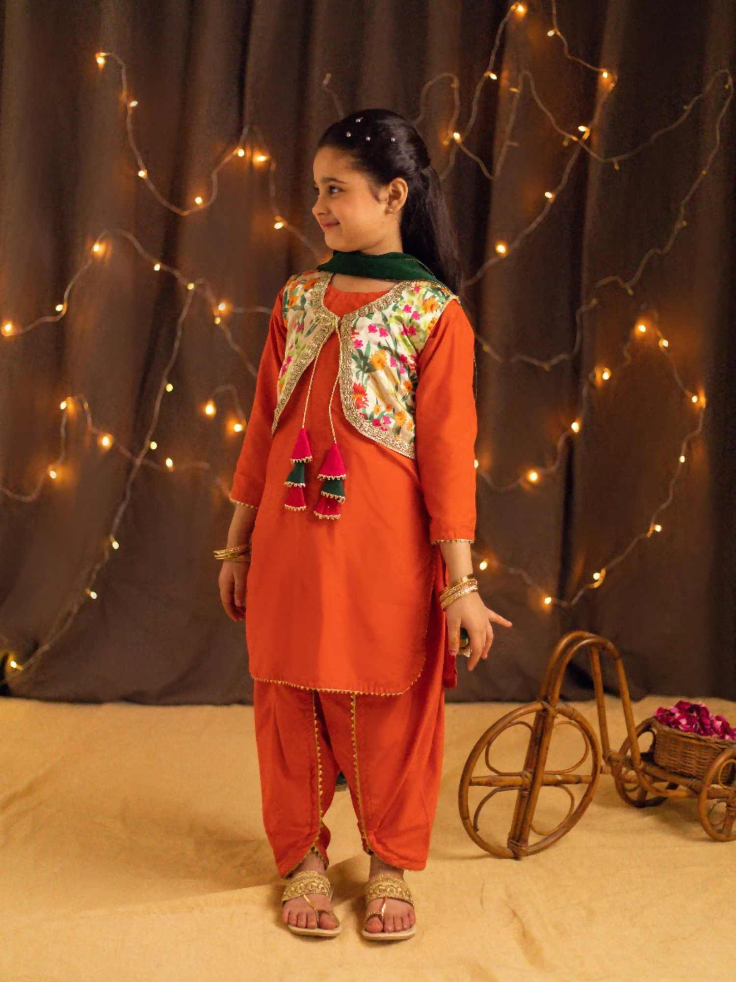 Kidoz Kloset Cotton Silk Embroidered Stitched 4-Piece Suit-Tangy Orange - Dhoti / Tulip Pant Set