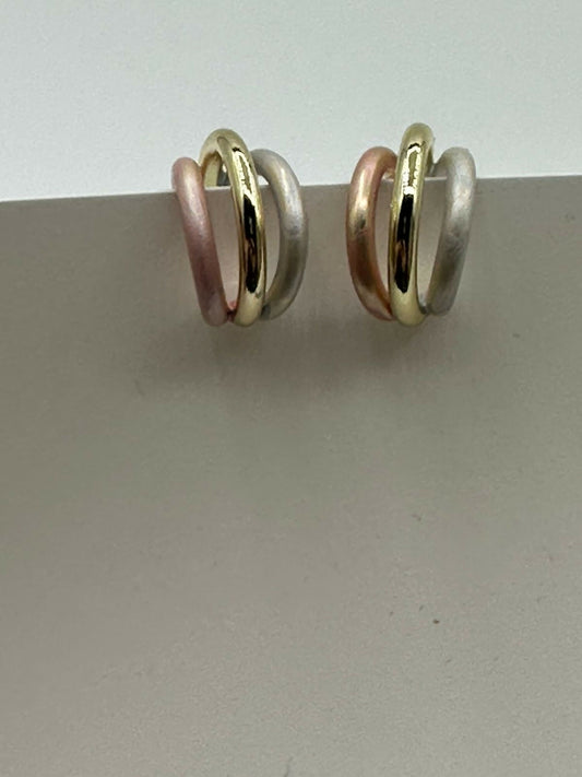 H&A Jewellery Handcrafted Triple-Tone Small Brass Hoop Earrings