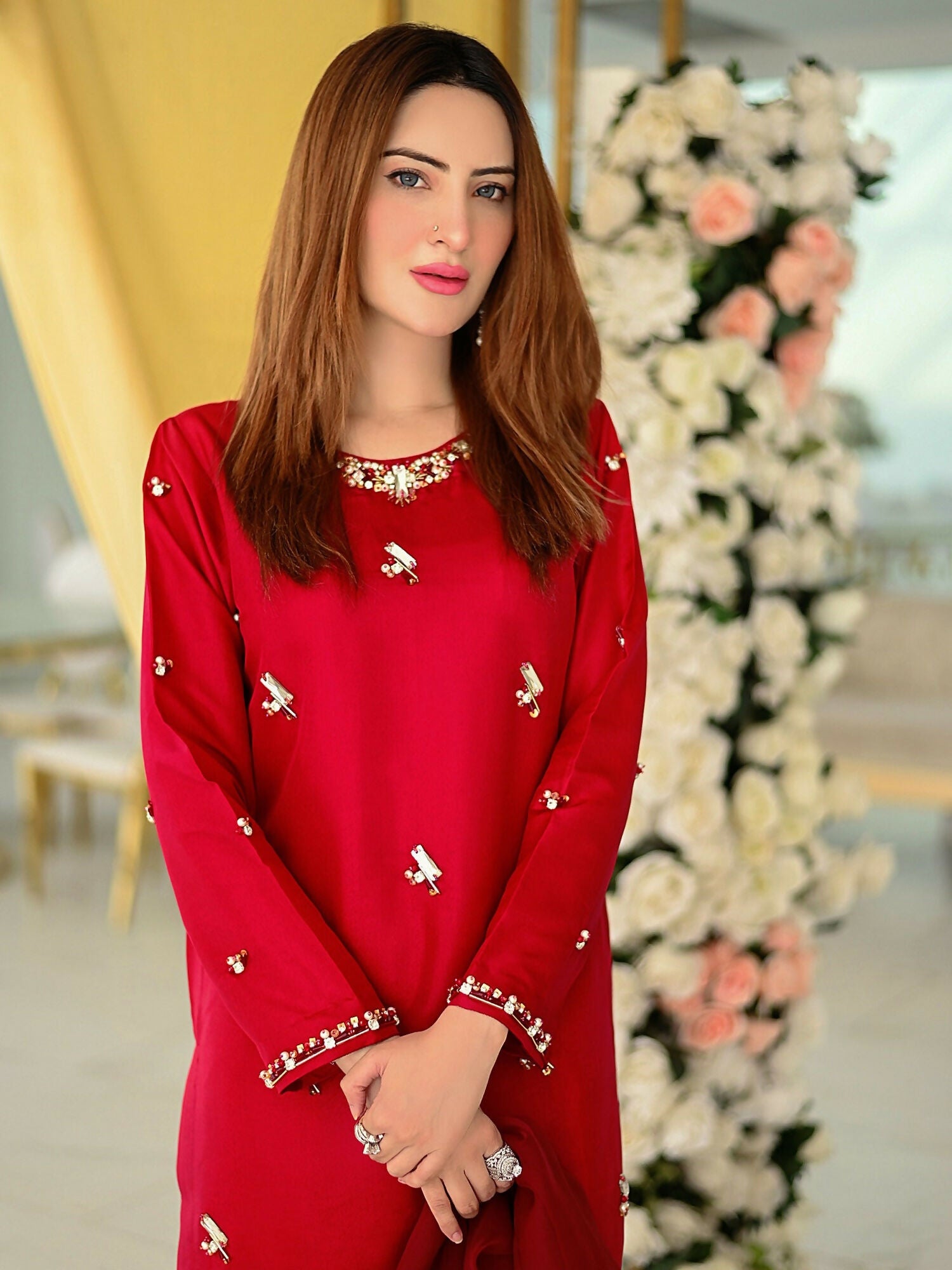 Allure By IH Raw Silk Embellished Stitched 3-Piece Suit-Rosa