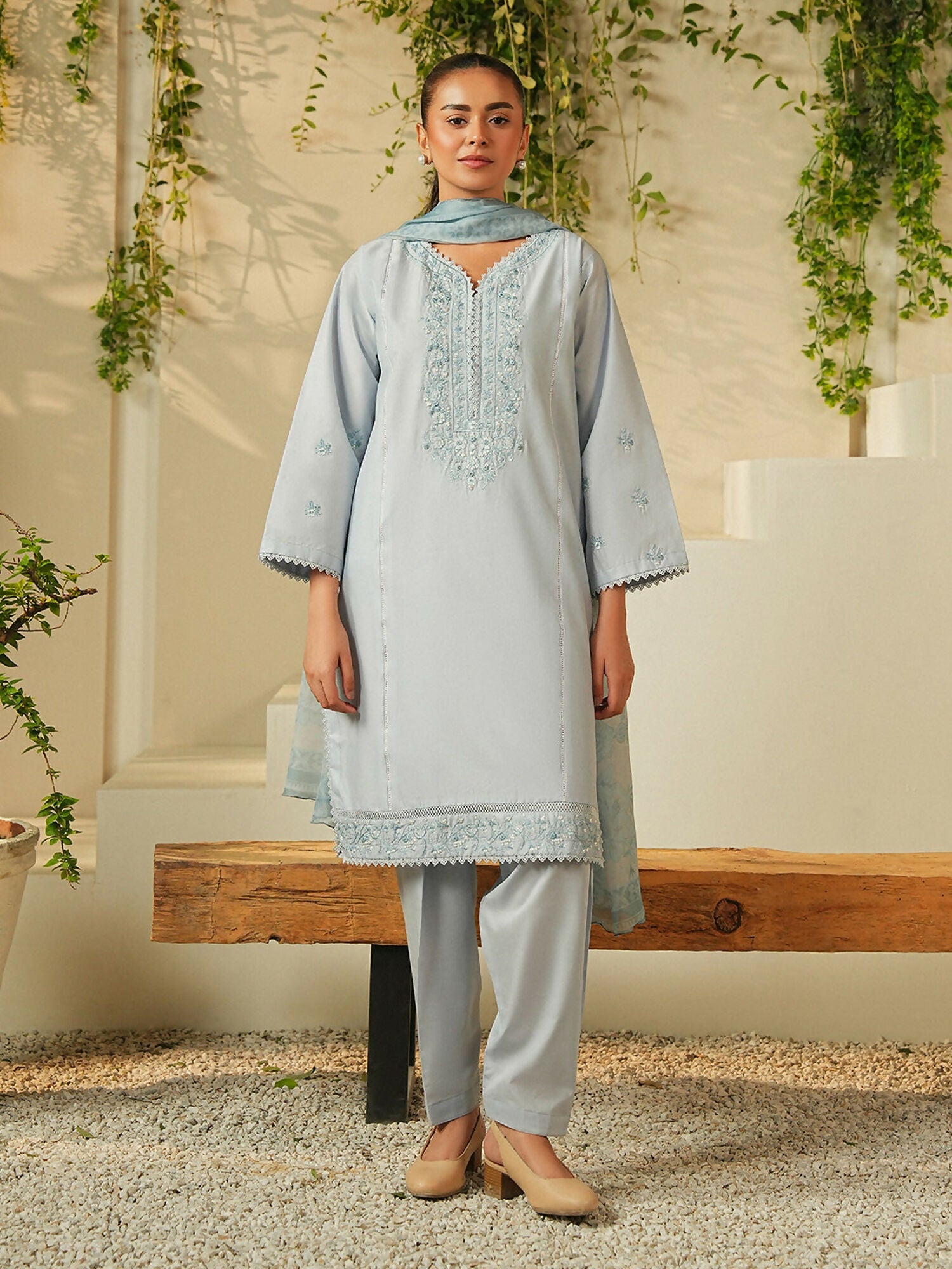 Mannat Clothing Summer-Sky Lawn Embroidered Stitched Suit-Celestial