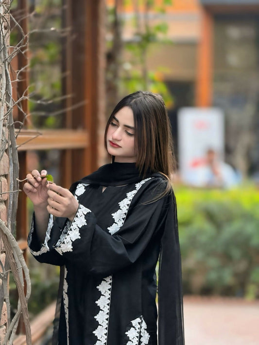 Tawakal Closet Linen Embroidered Stitched 3-Piece Suit-Blackish