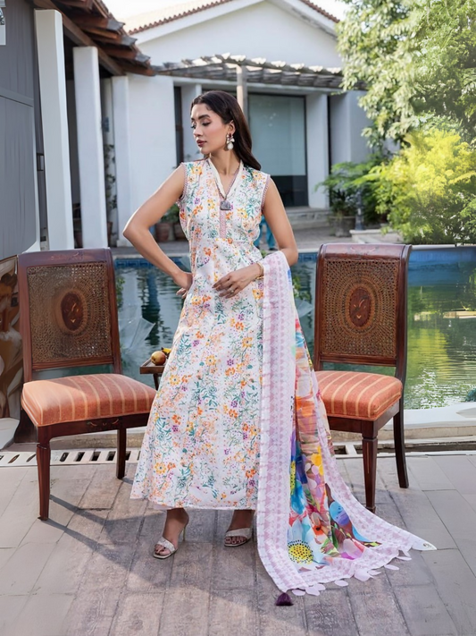 Unstitched 3-piece suit with printed lawn shirt, printed dobby voil dupatta, and dyed cotton trouser, perfect for elegant summer wear.