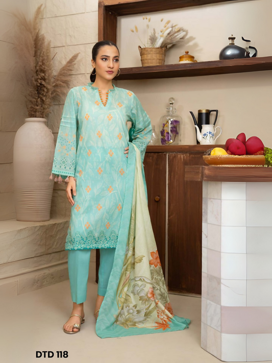 Aqua unstitched 3-piece lawn suit by Sitara Studio featuring floral printed shirt, dyed trouser, and digital printed dupatta