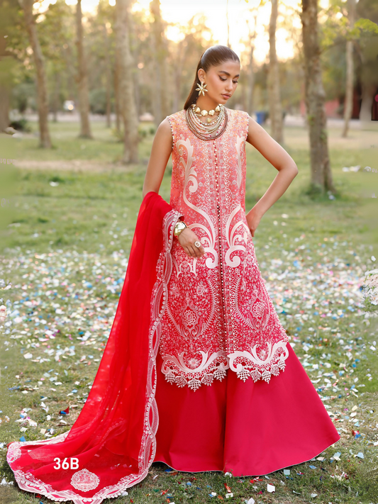 Girl dressed in unstitched tie & dye outfit showcasing embroidered front and sleeves, organza accents, daman lace, paired with a chiffon dupatta featuring detailed embroidery and a dyed cotton trouser.