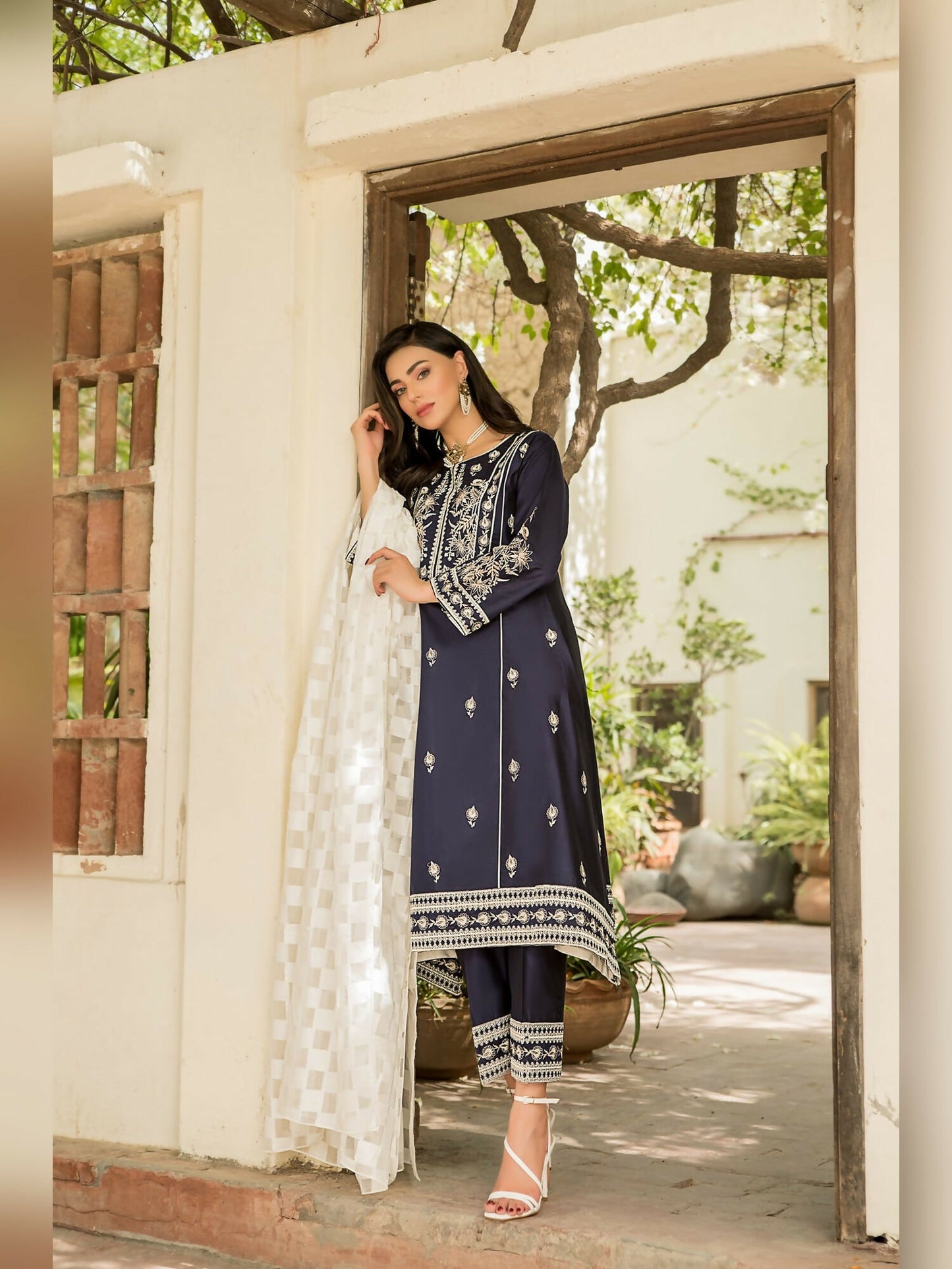 Panache Apparel Chambray Katan Embroidered Stitched 2-Piece Suit-Aroosh