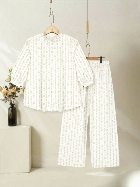 Off-White and Light Beige Velvour Girls Printed Stitched 2-Piece Suit-VG133-A