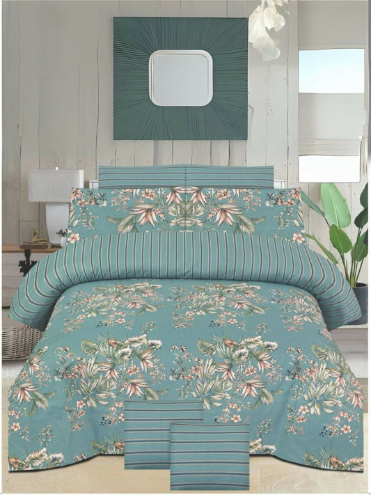 Danier 6pcs comforter set in blue with floral design – includes comforter, bedsheet, and four pillow covers.