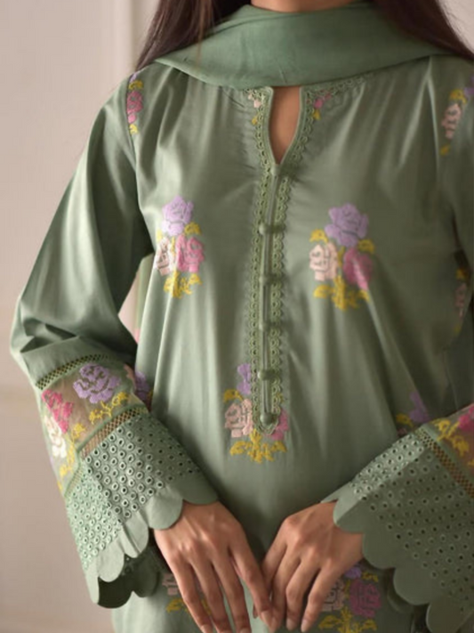 Tawakal Closet Cotton Embroidered Stitched 3-Piece Suit-Pista