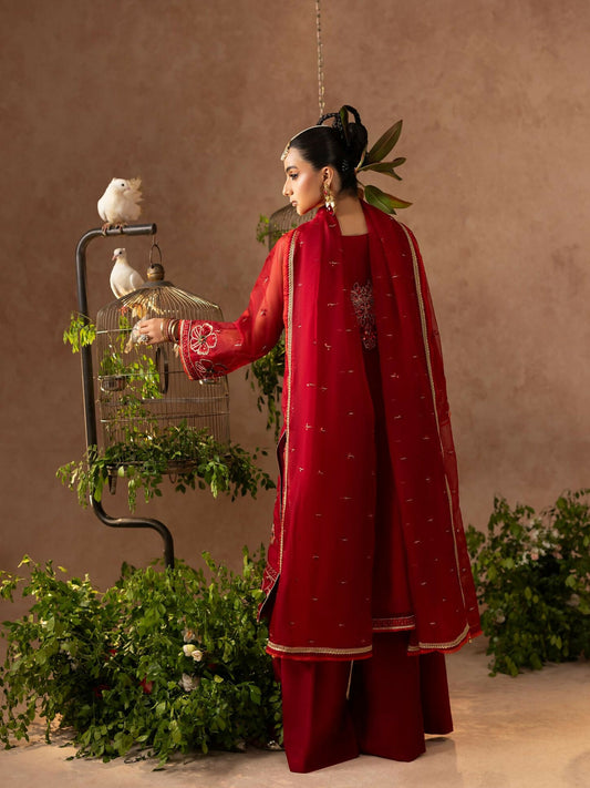 Shurooq Geet Organza Embroidered Stitched 3-Piece Suit-Mahia