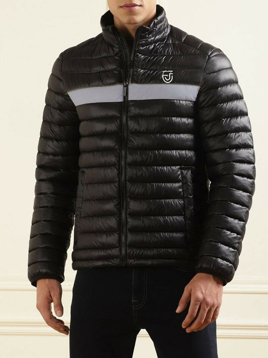 Black,Grey and Blue Jupiter Reflector Panel Puffer Jacket-14282