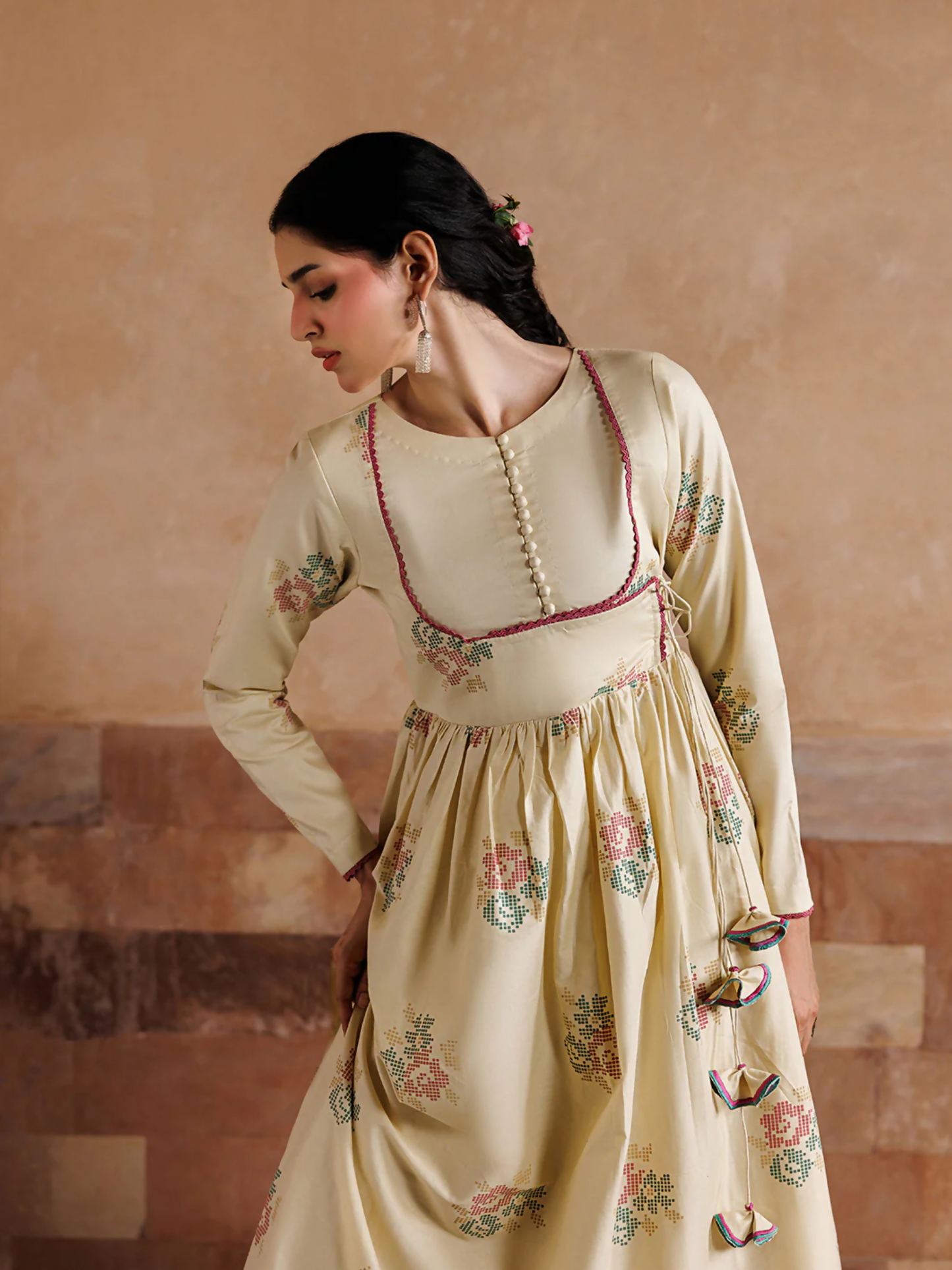 Cream Panache Apparel Noor Mahal Cotton Printed Stitched Suit-Noorzaad