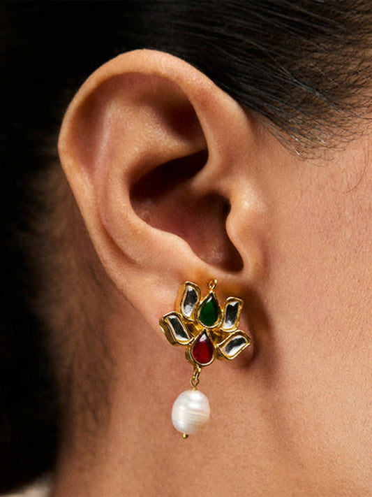 Jugnu by Hussain Rehar Lotus Bloom floral ear studs with red, green, and white gemstones resembling ruby, emerald, and uncut diamonds, elegant festive accessory.