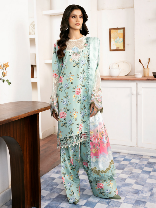 Three-piece digitally printed viscous suit with organza embroidery, printed dupatta, and matching printed trouser.