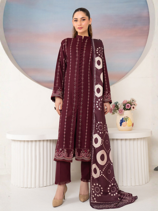 Panache Apparel Winter Basics Linen Embroidered Stitched 3-Piece Suit-Plum Royale