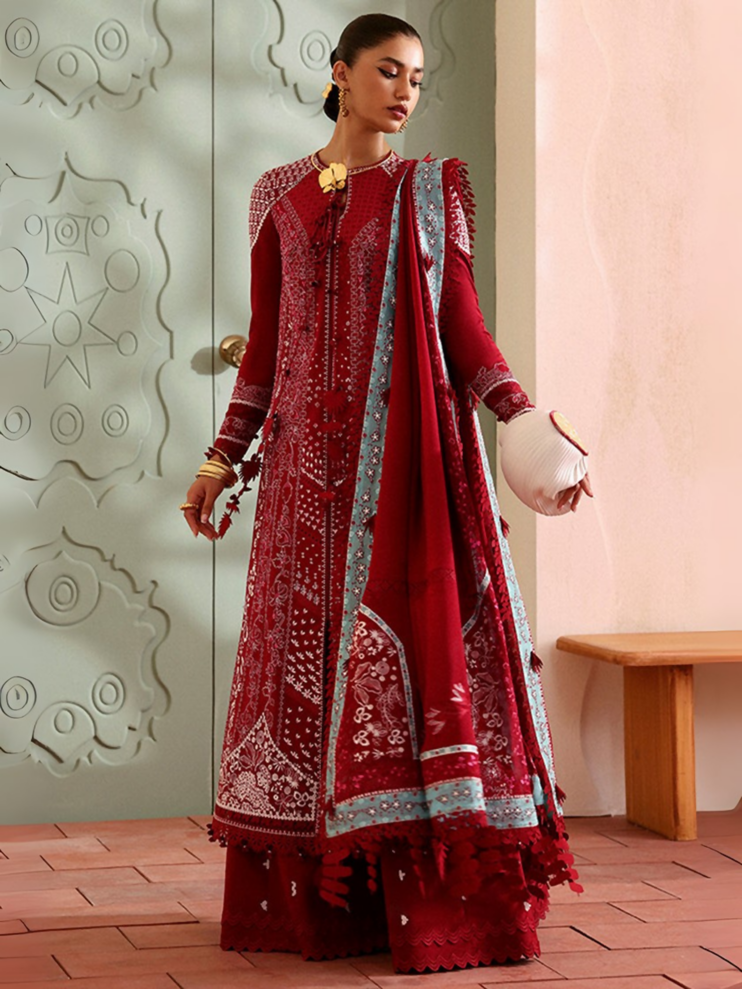 Zoha by Ansab Jahangir crimson red embroidered unstitched 3-piece suit with organza neckline, chiffon embroidered dupatta, and cambric trouser.