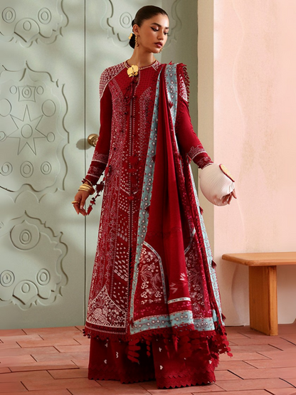 Zoha by Ansab Jahangir crimson red embroidered unstitched 3-piece suit with organza neckline, chiffon embroidered dupatta, and cambric trouser.