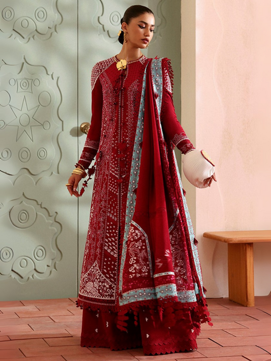 Zoha by Ansab Jahangir crimson red embroidered unstitched 3-piece suit with organza neckline, chiffon embroidered dupatta, and cambric trouser.