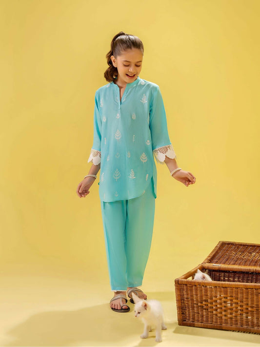 Blue Velvour Girls Printed Co-ord Set-VG146-B