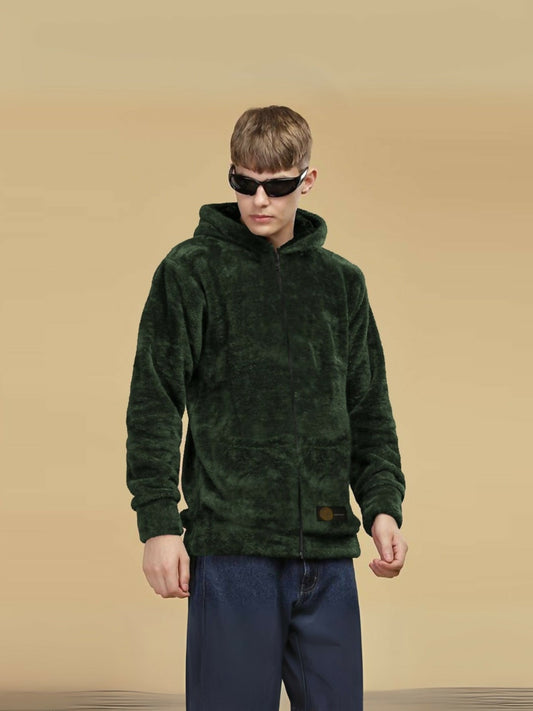 Person wearing a Jupiter dual side extremely soft fluffy Sherpa hoodie with full sleeves and regular fit, perfect for cozy winter wear
