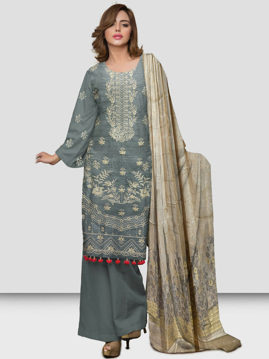 Fully embroidered shirt with plain trousers and a textured jacquard dupatta.