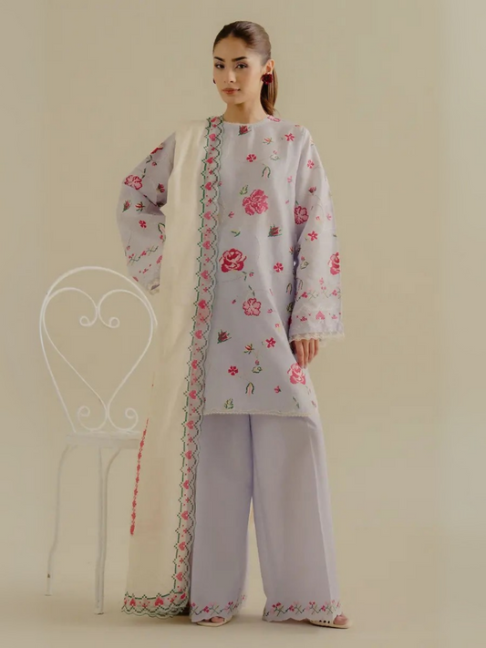 Unstitched 3-piece embroidered suit with floral embroidered lawn shirt, embroidered cambric trouser, and dyed self-jacquard dupatta featuring embroidered organza borders