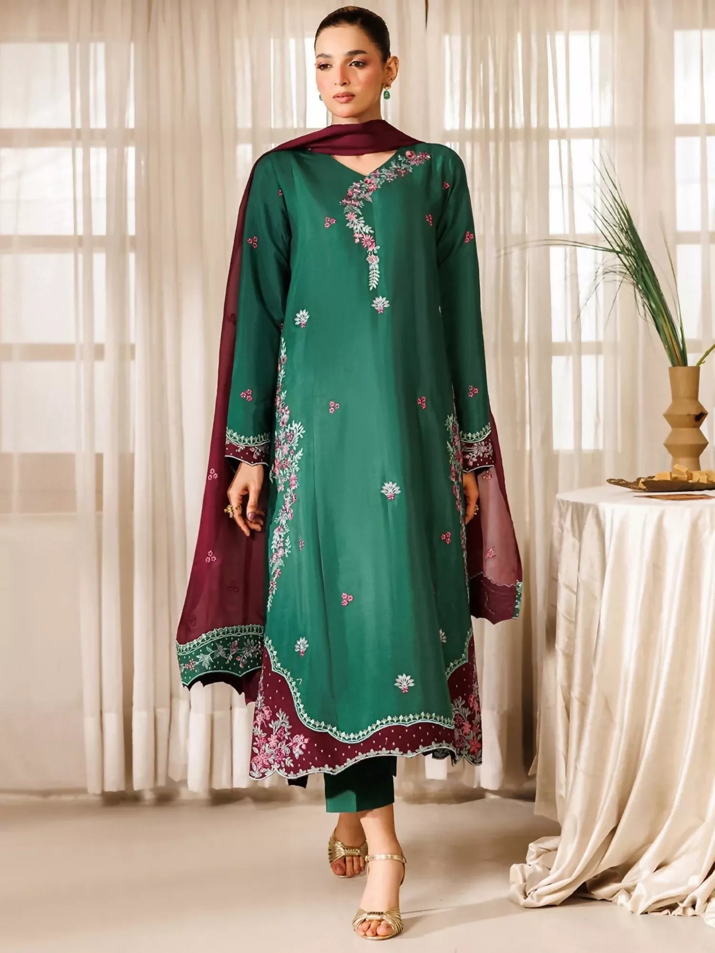 Panache Apparel Noore Eid Edit Raw Silk Embroidered Stitched Suit-Neelofer