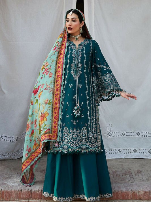 Teal Green Hussain Rehar Luxury Lawn Embroidered Unstitched 3-Piece Suit-Saher