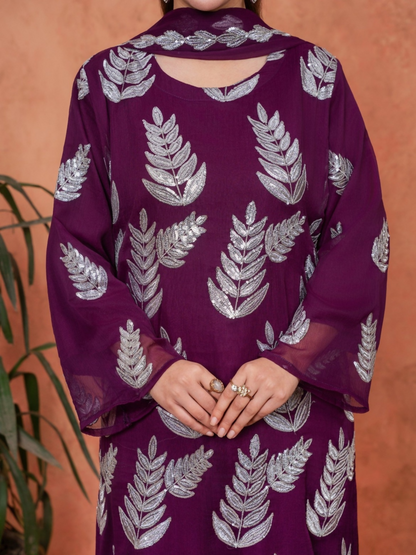 Stylish Collection Majeste Crinkle Chiffon Embroidered Stitched 3-Piece Suit-Zirwah Purple