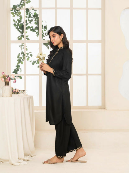 Stylish Collection Aaraish Linen Embroidered Co-Ord Set-Black Ringles