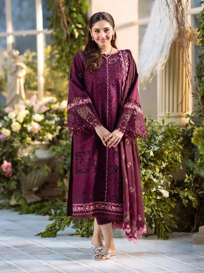 Traditional borer embroidered lawn suit featuring detailed front motifs, daman accents, and fancy embroidered dupatta with dyed cotton trouser.