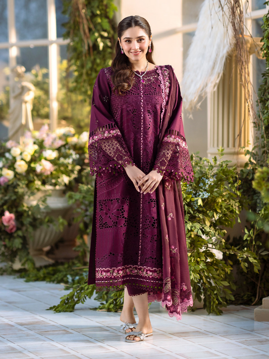 Traditional borer embroidered lawn suit featuring detailed front motifs, daman accents, and fancy embroidered dupatta with dyed cotton trouser.