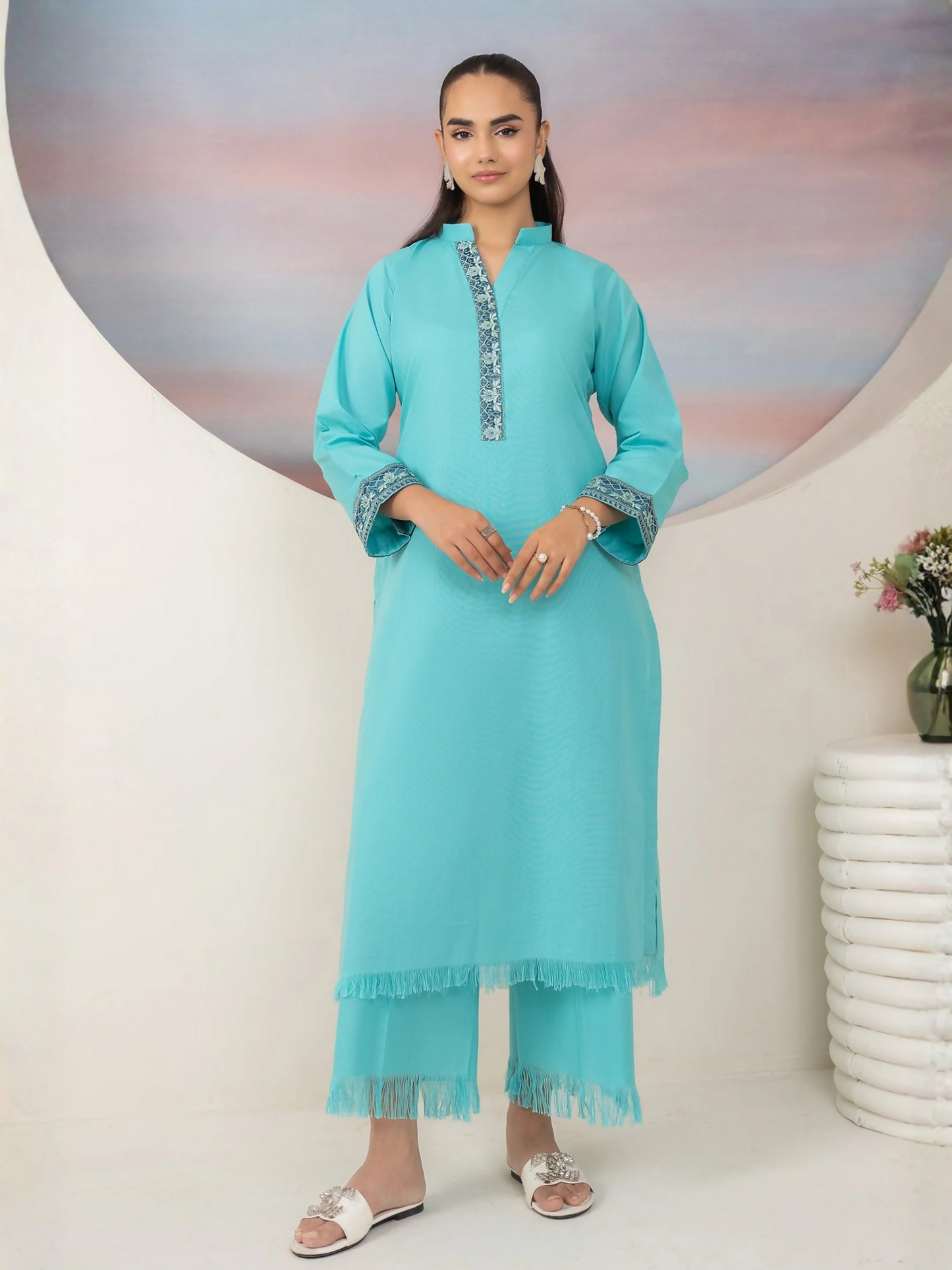 Panache Apparel Winter Basics Khaddar Embroidered Stitched 2-Piece Suit-Ocean