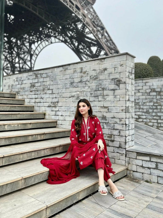 Stylish Collection Serene Summer Linen Embroidered Stitched 3-Piece Suit–Lilly
