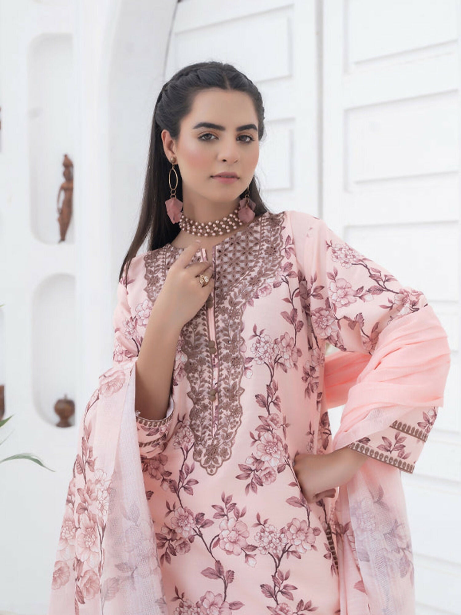 MH Cloth House Khaddi Net Embroidered Stitched 3-Piece Suit-Floral Poise