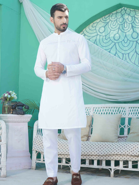 White Fabrich Men Embroidered Cotton Unstitched Shalwar Kameez-GTS-B-028