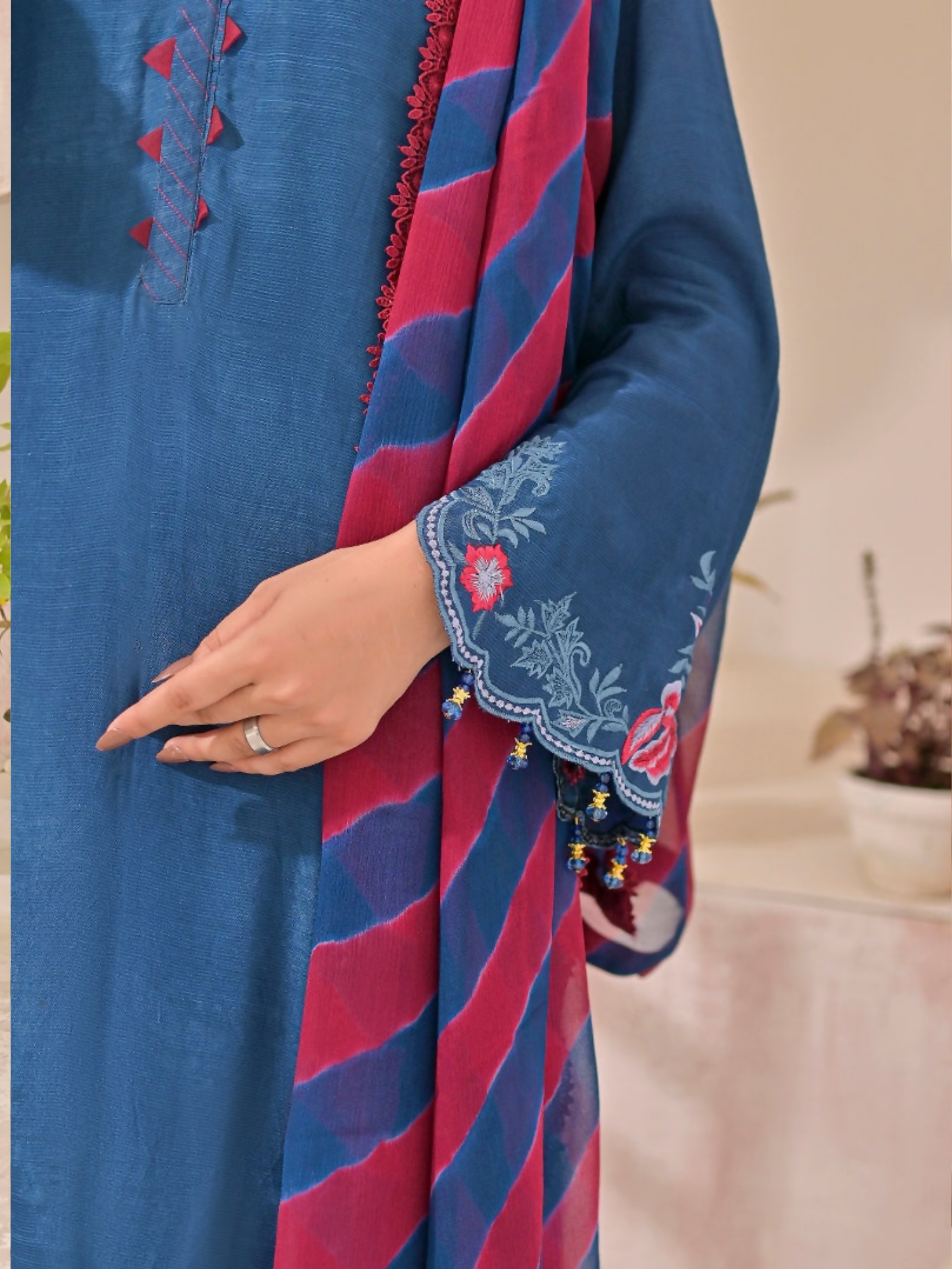 Ruby's Couture Panache Raw Silk Embroidered Stitched 3-Piece Suit-Blue Rush