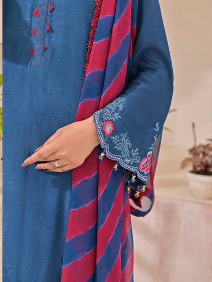 Ruby's Couture Panache Raw Silk Embroidered Stitched 3-Piece Suit-Blue Rush