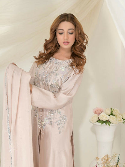 Ruby's Couture Gul-Bahar Khadi Embroidered Stitched 3-Piece Suit-Doodh Dulari