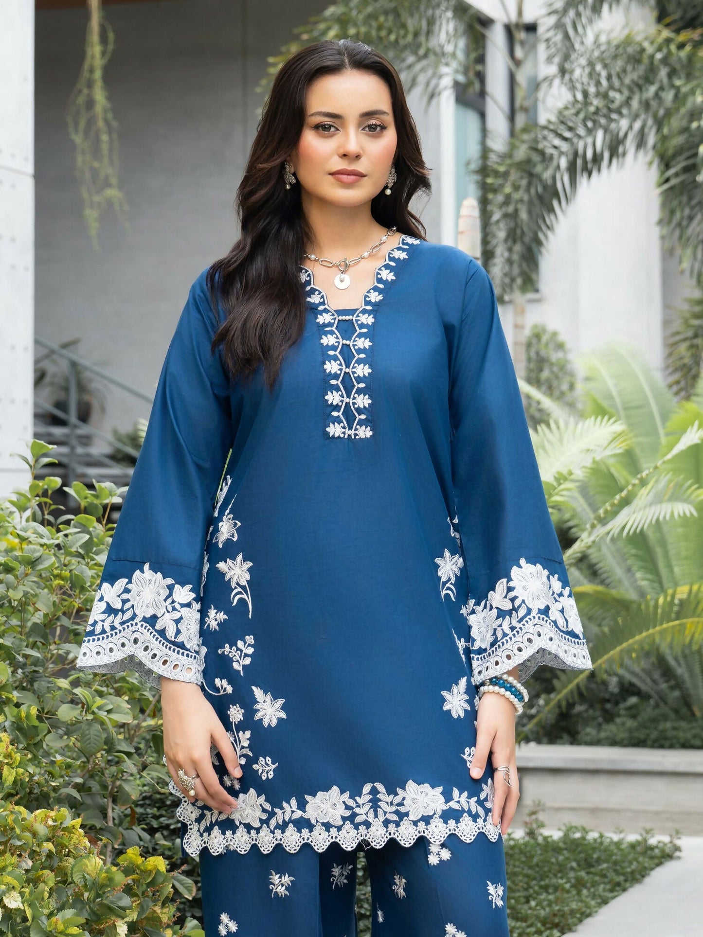 Panache Apparel Solid Story Cotton Lawn Embroidered Stitched Suit-Blue Petal