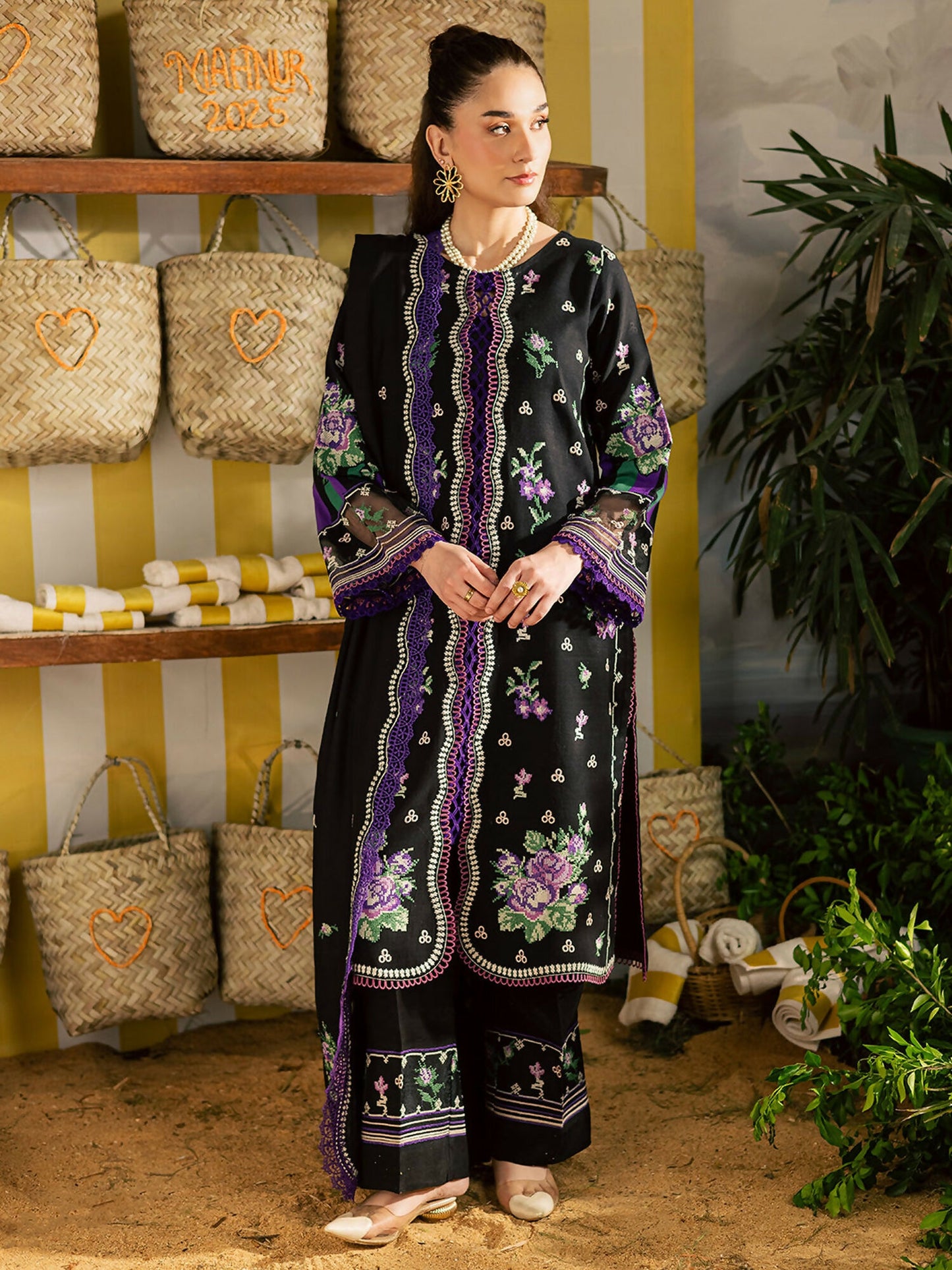 Mahnur Kaia Slub Linen Embroidered Stitched 3-Piece Suit-K- 02
