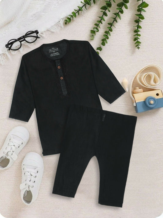Embroidered stitched cotton kurta pajama suit with round neck, full sleeves, and regular fit, ideal for traditional and festive occasions