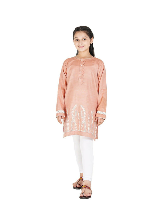 Peach Velvour Girls Embroidered Stitched Kurti Tunic-VG90-C