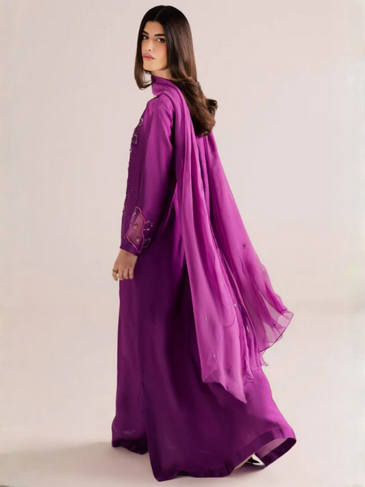 Allure By IH Silver Night Tussel Silk Embroidered Kaftan Set-Moon Drop